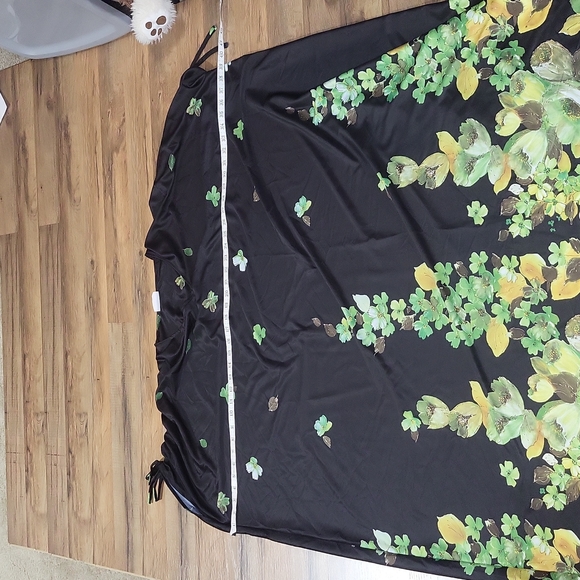 VINTAGE GRANADA Black Green Floral Mock Cinch Shoulder Mumu Kaftan Housecoat - Picture 7 of 11